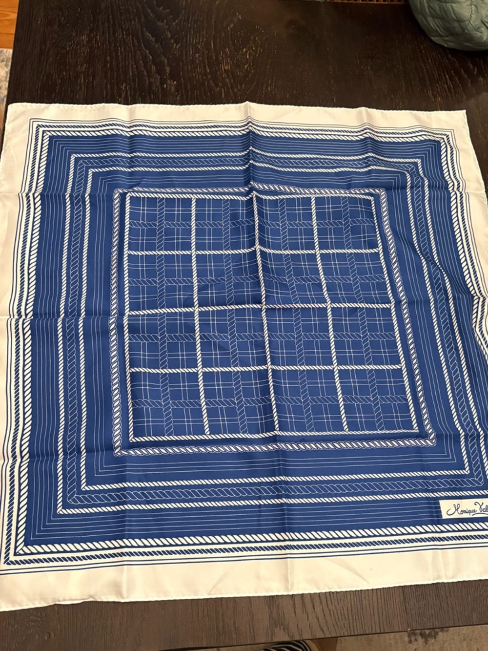 Monique Valery Blue White Geometric Twill Polyester Square Scarf for Women